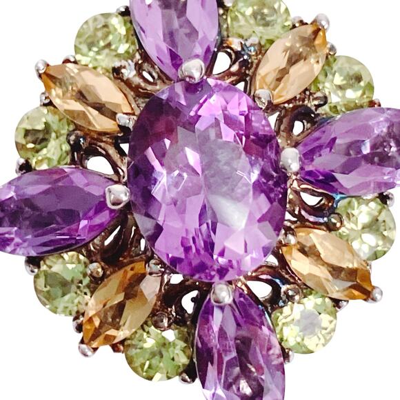 Sterling Silver Amethyst Peridot Citrine Floral Star Cluster Pendant Necklace - Picture 6 of 17